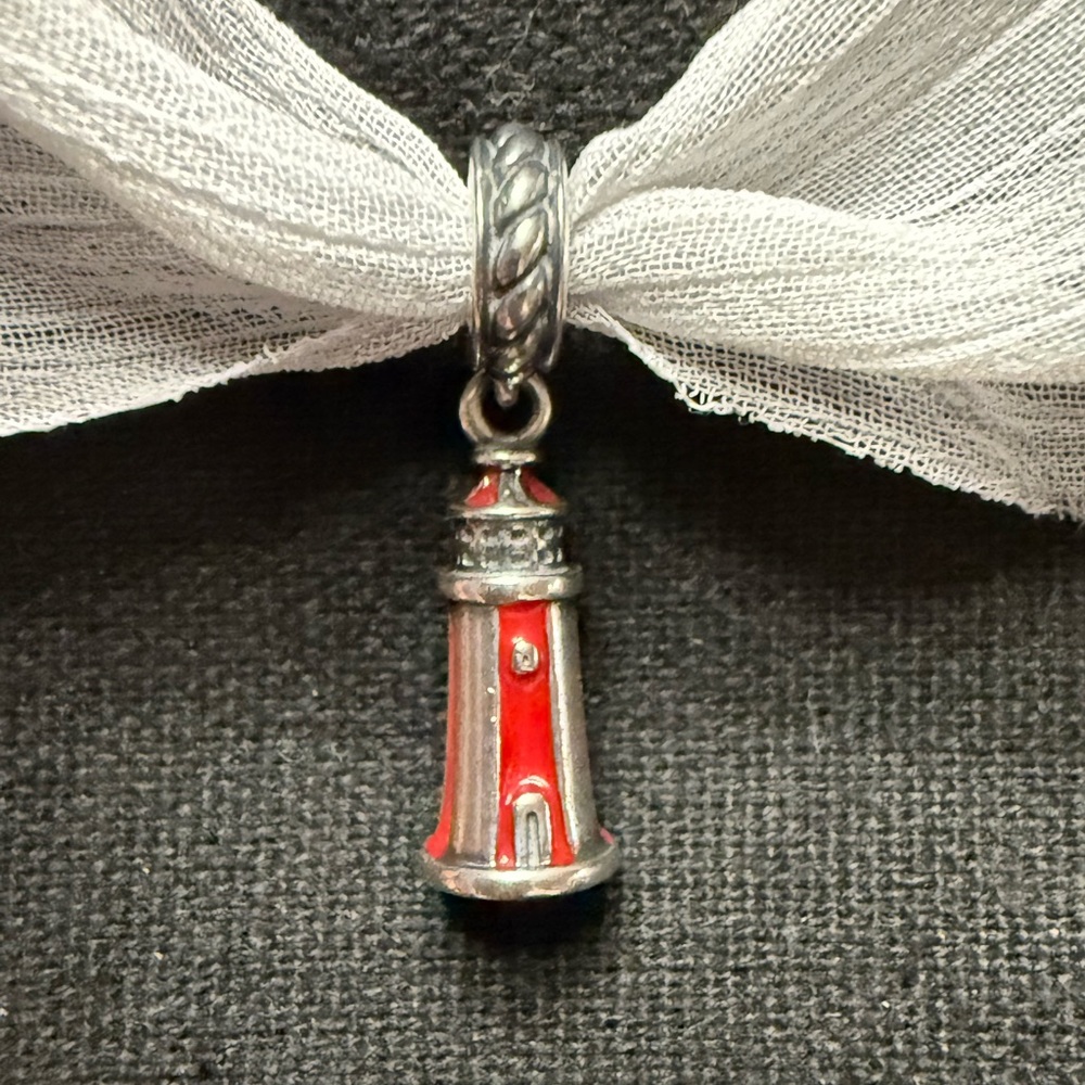 Retired Pandora Red Enamel and Sterling Silver Lighthouse Dangle Charm